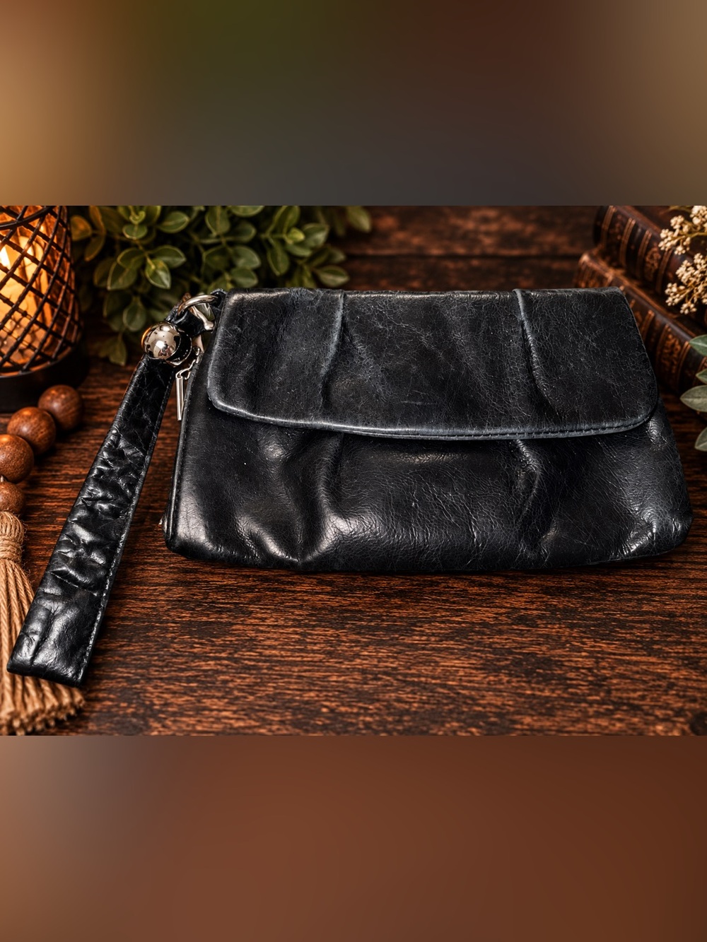 HOBO International Black Leather Wristlet Clutch Wallet